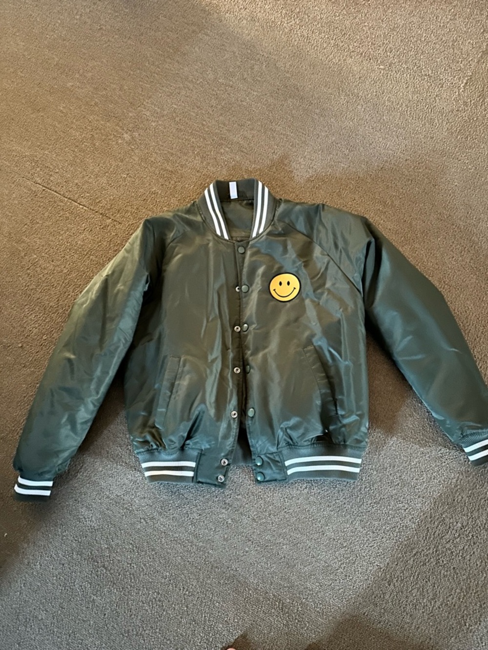 Olive Green Smiley Patch Bomber Jacket